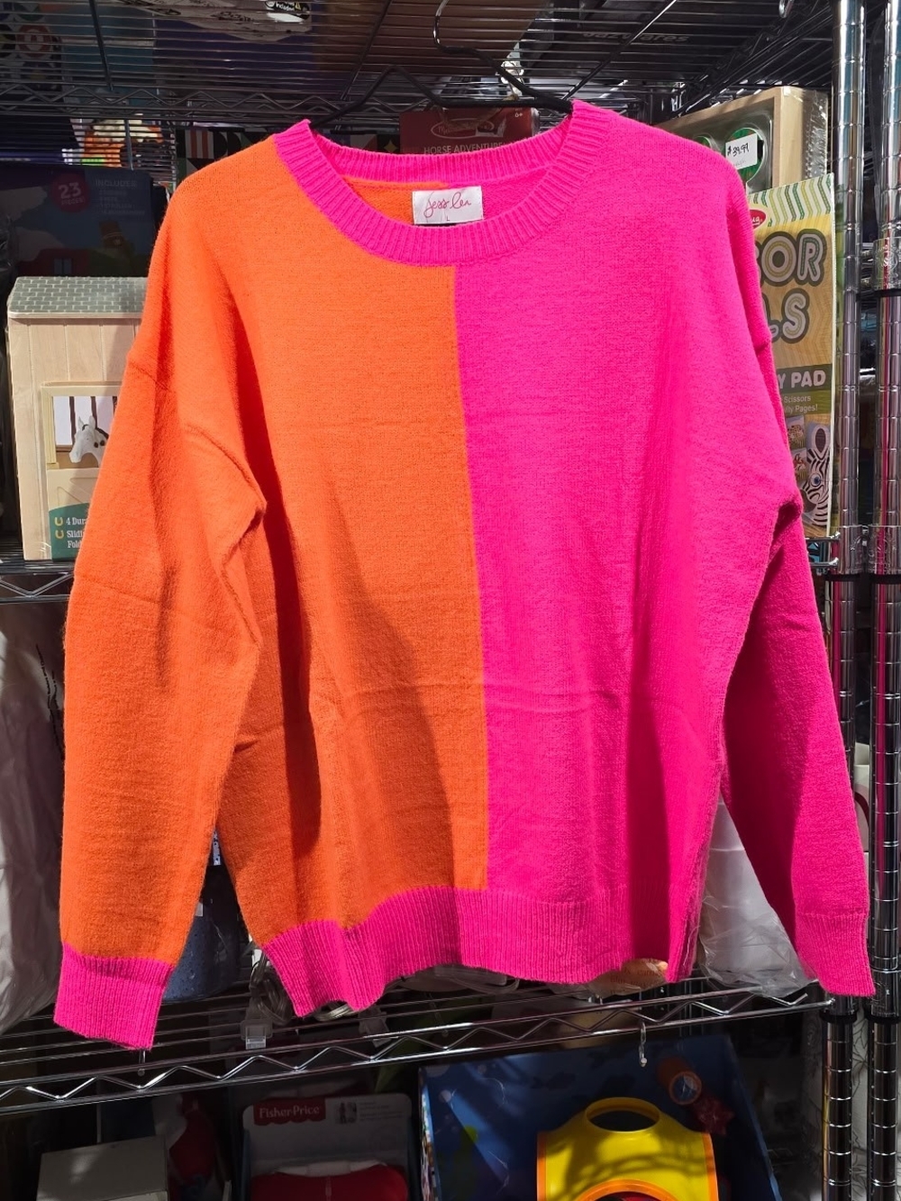 New Large Jess Lea Color-Block Crewneck Sweater - Pink & Orange